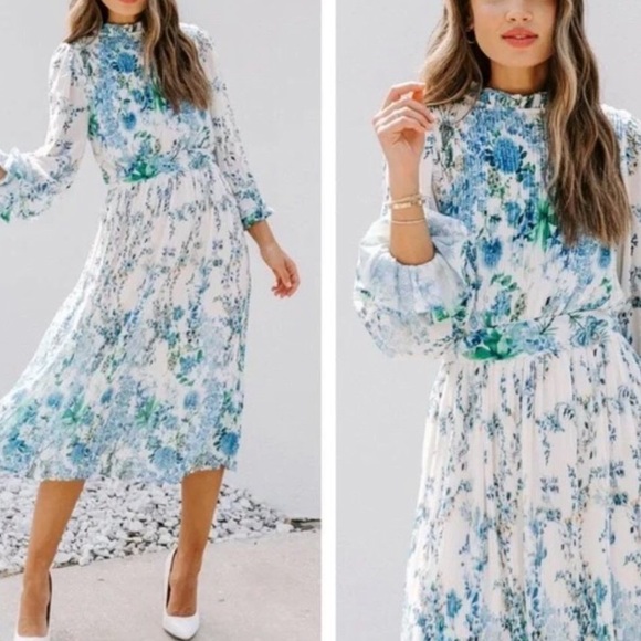 VICI Tempe Floral Ruffle Pleated Midi Dress S - Picture 2 of 14